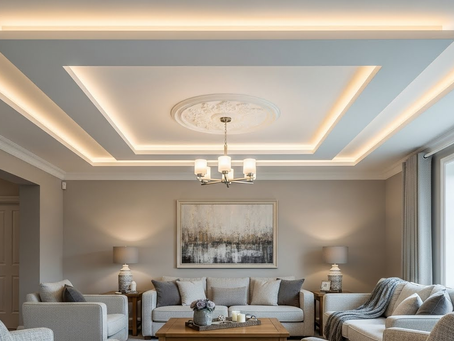 Siling plaster moden dengan pencahayaan LED di ruang tamu rumah Malaysia