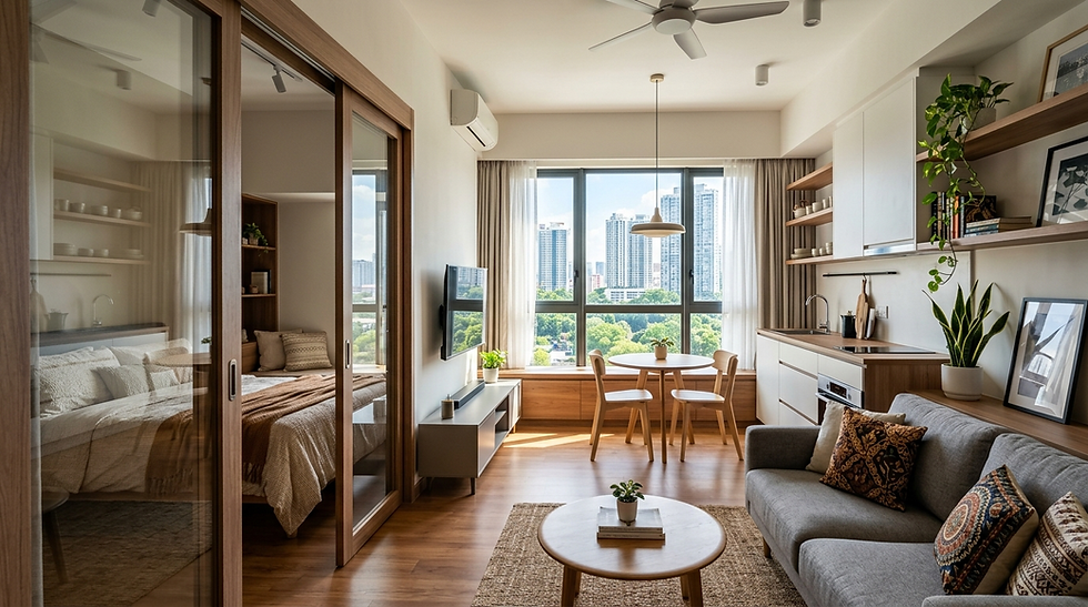 Modern interior with sliding door and folding partition side by side