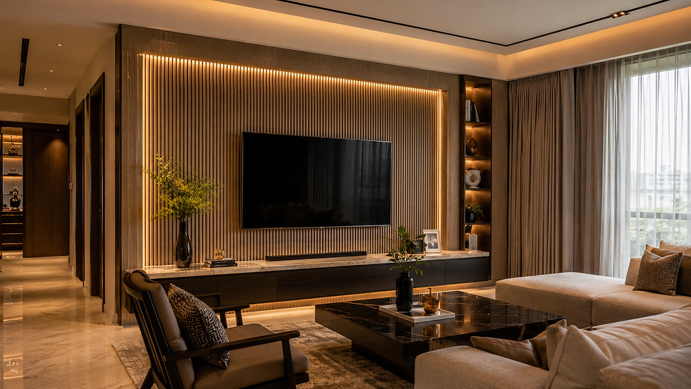 Luxury modern living room featuring fluted wall panels and warm LED lighting