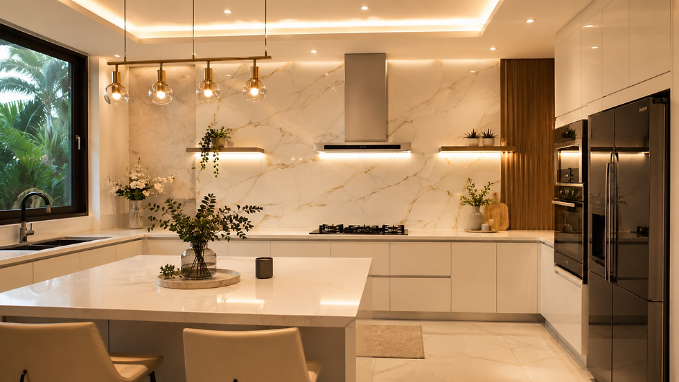 Modern kitchen featuring marble-look PVC wall panels and luxury minimalist design