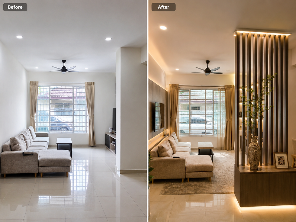 Before and after modern living room partition installation
