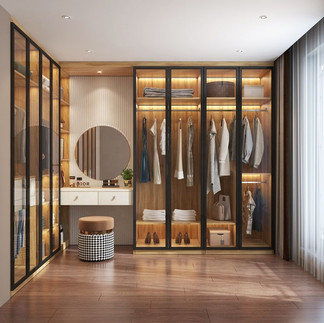 Custom-built walk-in wardrobe with U-shape cabinet layout in Selangor master bedroom