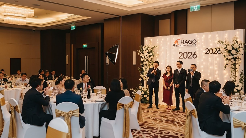 Gala dinner event with corporate backdrop and stage lighting in Selangor