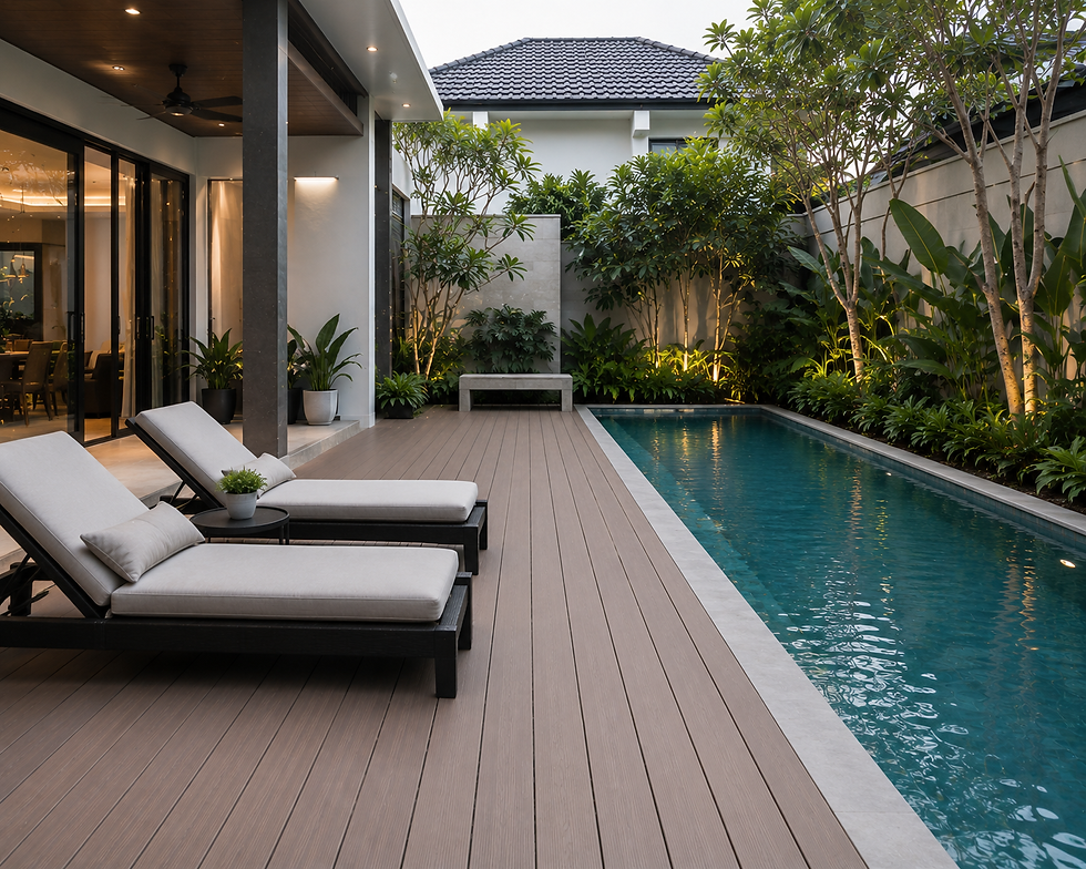Outdoor composite decking installed in a backyard seating area.
