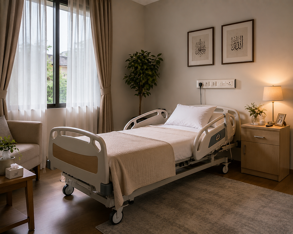 Hospital bed shown in a home bedroom for elderly patient care.