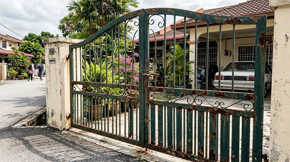 A house fence with peeling paint and rust stains