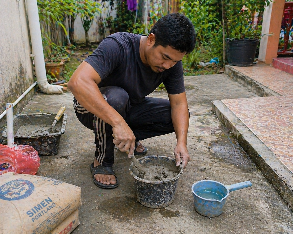 Mesin mixer dengan drum berputar untuk bancuhan simen yang lebih konsisten.