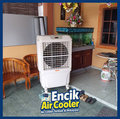Buffet dining area with industrial air coolers for guest comfort