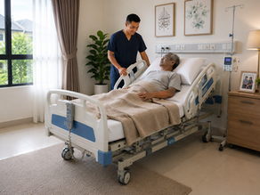 Katil hospital rumah dipasang di bilik tidur dengan ruang pergerakan yang selesa.