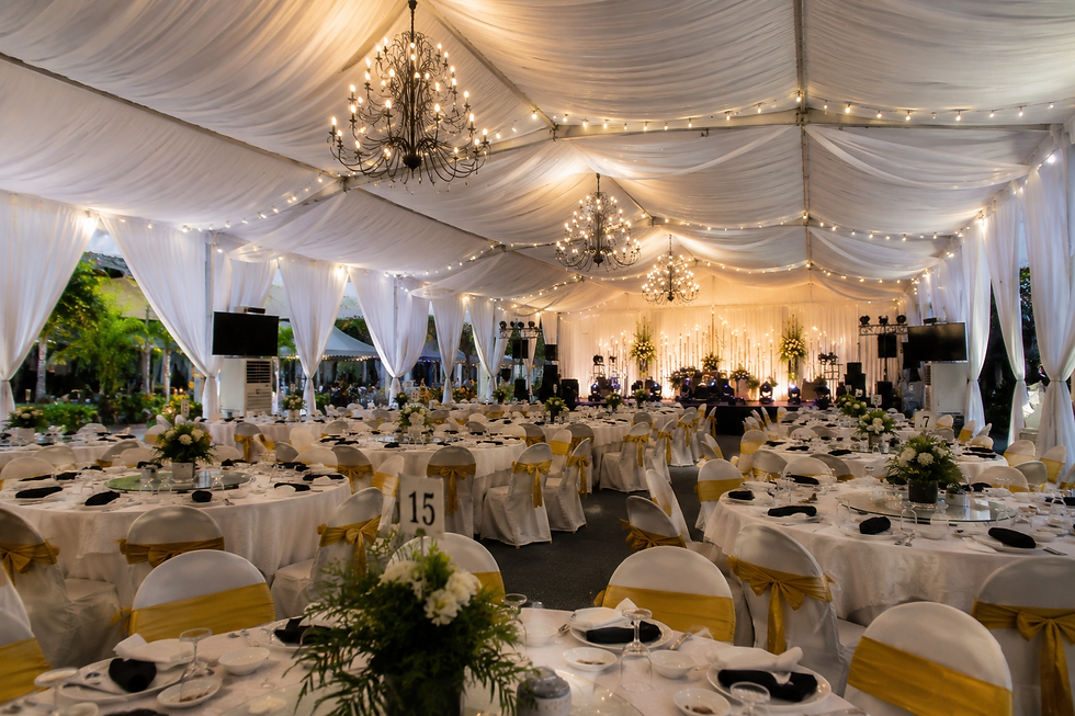 Marquee tent rental for an outdoor function with a neat and organized layout.
