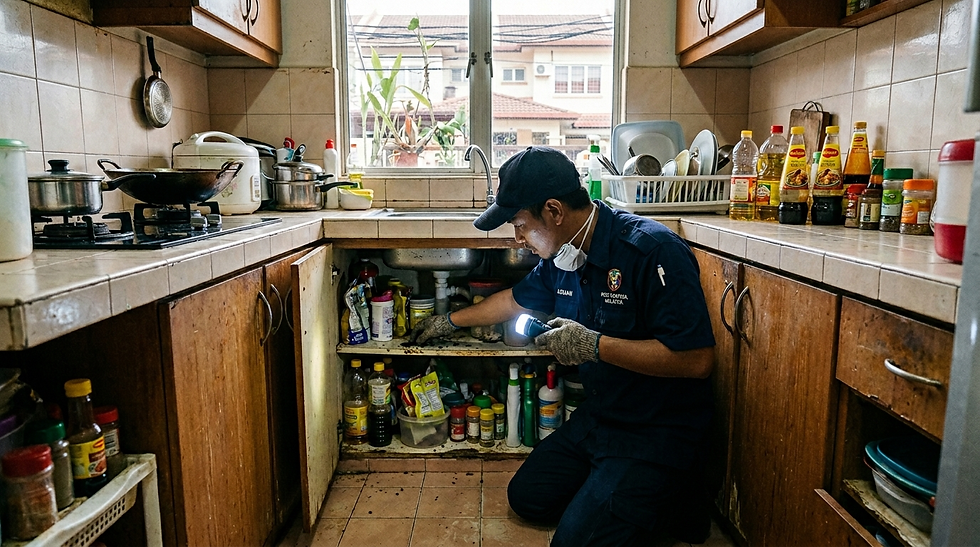 Juruteknik pest control memeriksa dapur rumah untuk masalah tikus