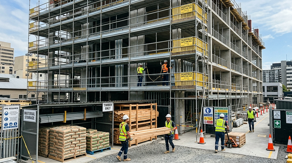 Organized construction site with properly managed scaffolding system