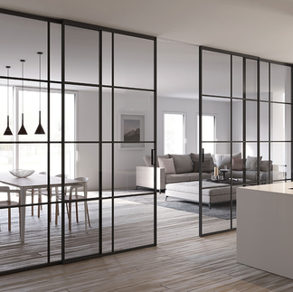 Minimalist black-framed glass partition walls dividing dining area from living space in modern home interior