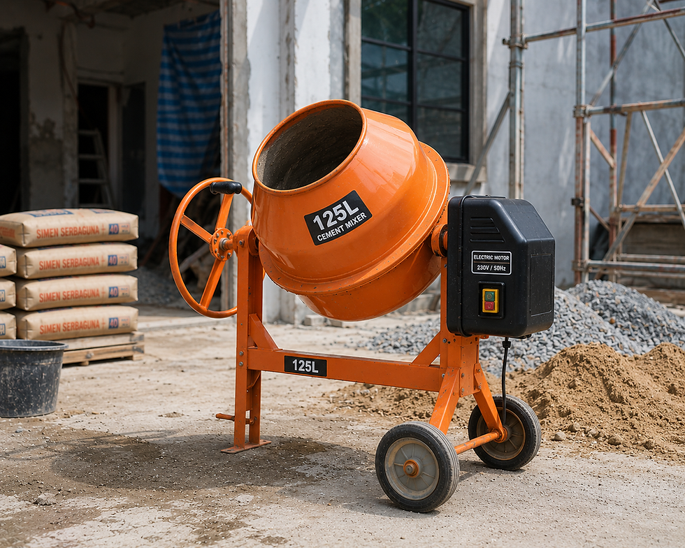 Big concrete mixer diletakkan di tapak pembinaan untuk bancuhan dalam kuantiti besar.