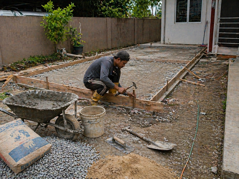 Concrete mixer drum berputar semasa bancuhan konkrit dijalankan di tapak.
