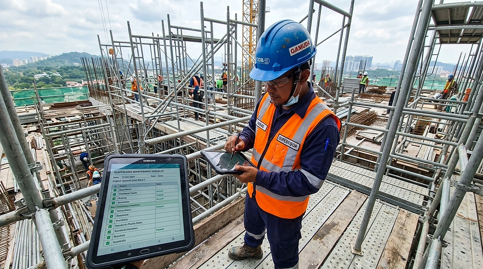 Site supervisor inspecting steel scaffolding before project starts