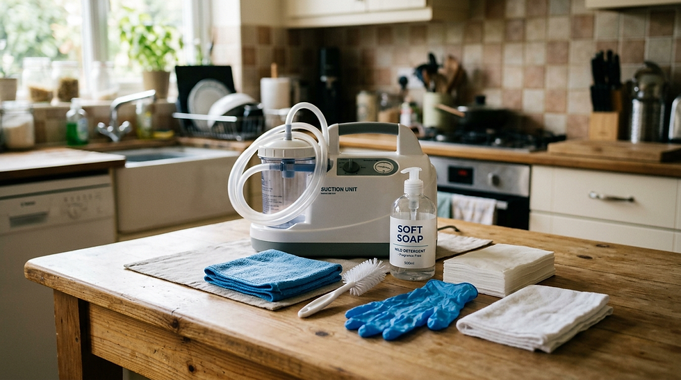 The phlegm suction machine container is cleaned in a home sink