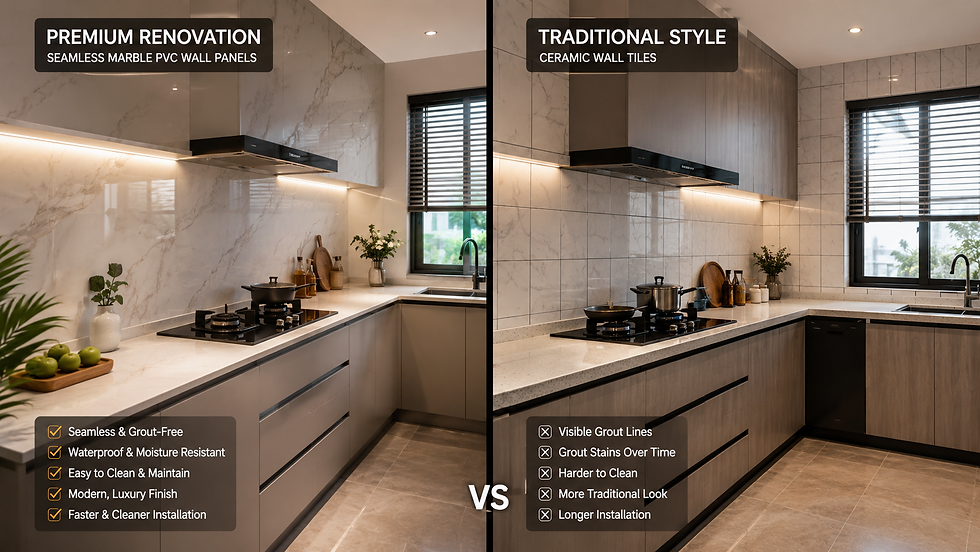 PVC wall panel vs traditional kitchen tiles comparison in a modern kitchen