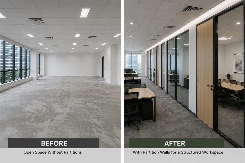 Partition wall design with glass and aluminium for a modern office concept.