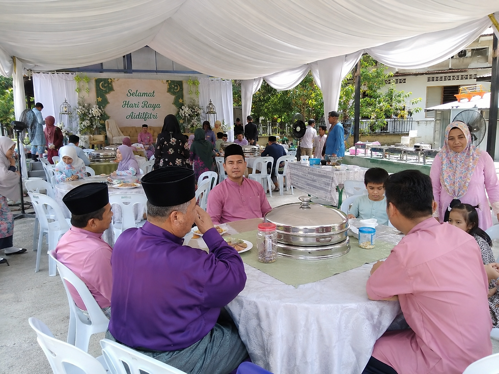 Raya Haji open house setup with rental chairs, tables, and white canopy