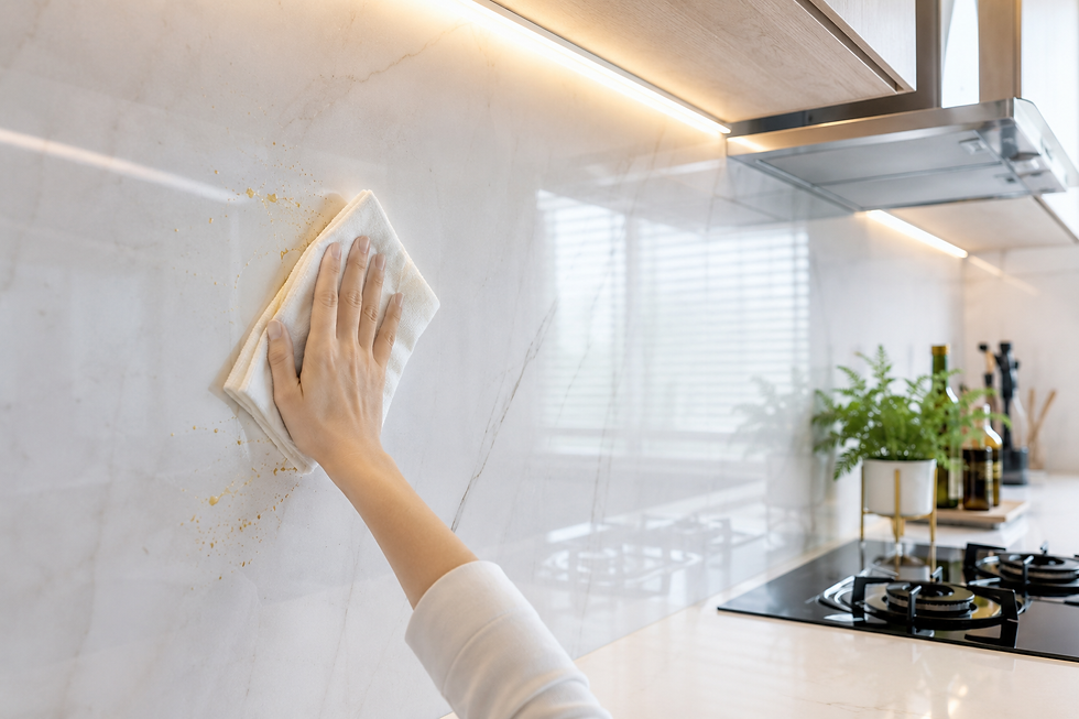 Easy-to-clean PVC kitchen wall panel surface being wiped free of grease
