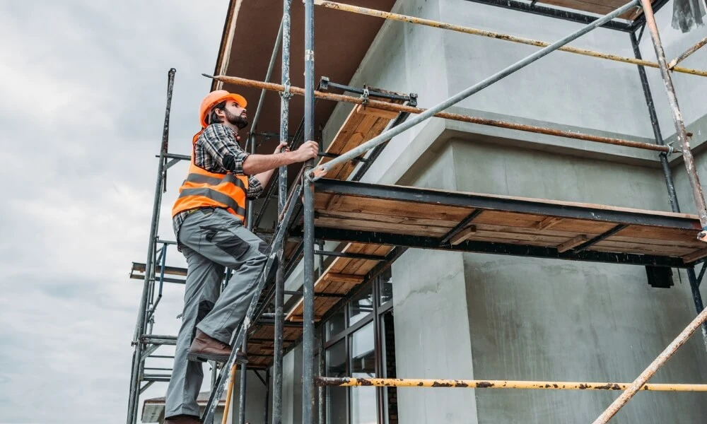 Metal deck scaffolding used on construction sites for floor structure work.