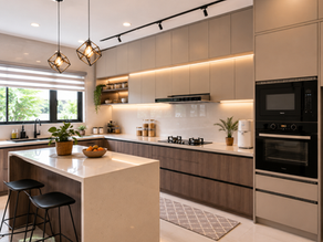 Kabinet dapur moden dipasang kemas pada dapur rumah dengan susun atur yang praktikal di kuala lumpur.
