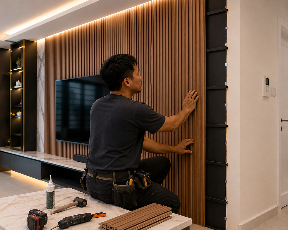 Living room wall panelling design with soft lighting and textured surface.