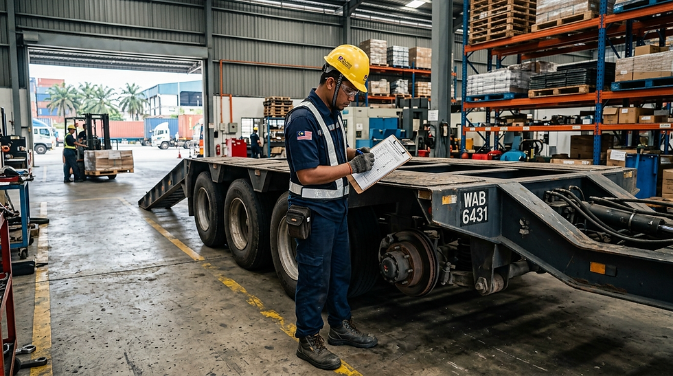 Checking tires and brakes on heavy-duty low loader