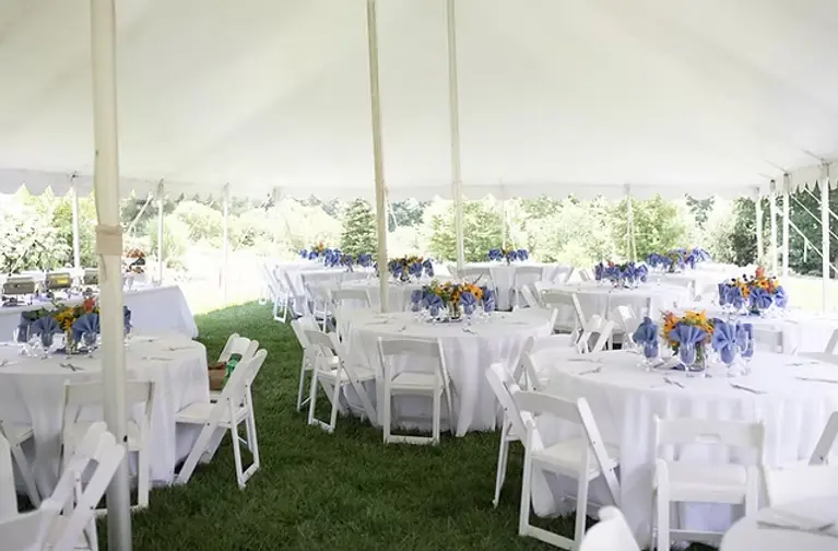 White tent with round tables covered in white tablecloths, set with blue and yellow floral centerpieces. Green grass and trees in background.