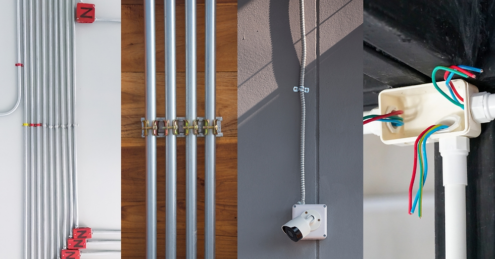 Four images showing electrical conduits: gray pipes on walls and ceiling, red wires in open box, metal clamps, red boxes labeled "Z".