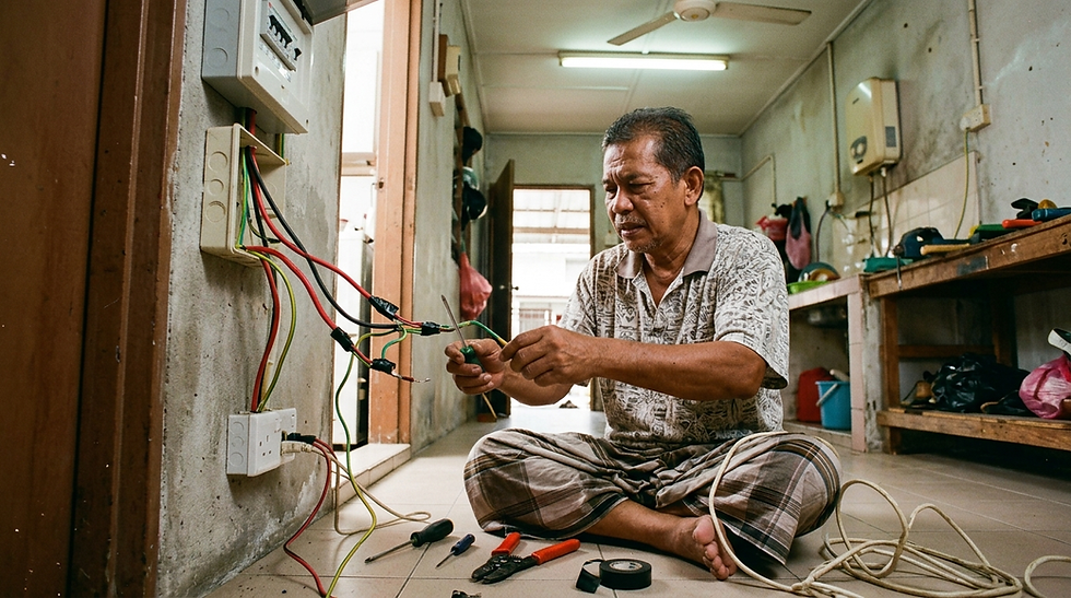Juruteknik menguji pendawaian rumah sebagai sebahagian daripada pemeriksaan keselamatan elektrik