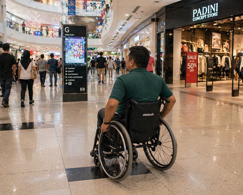 Kerusi roda elektrik diletakkan di sisi sofa dalam ruang tamu penjagaan rumah.