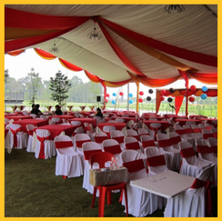 Luxury outdoor wedding setup with a transparent marquee tent