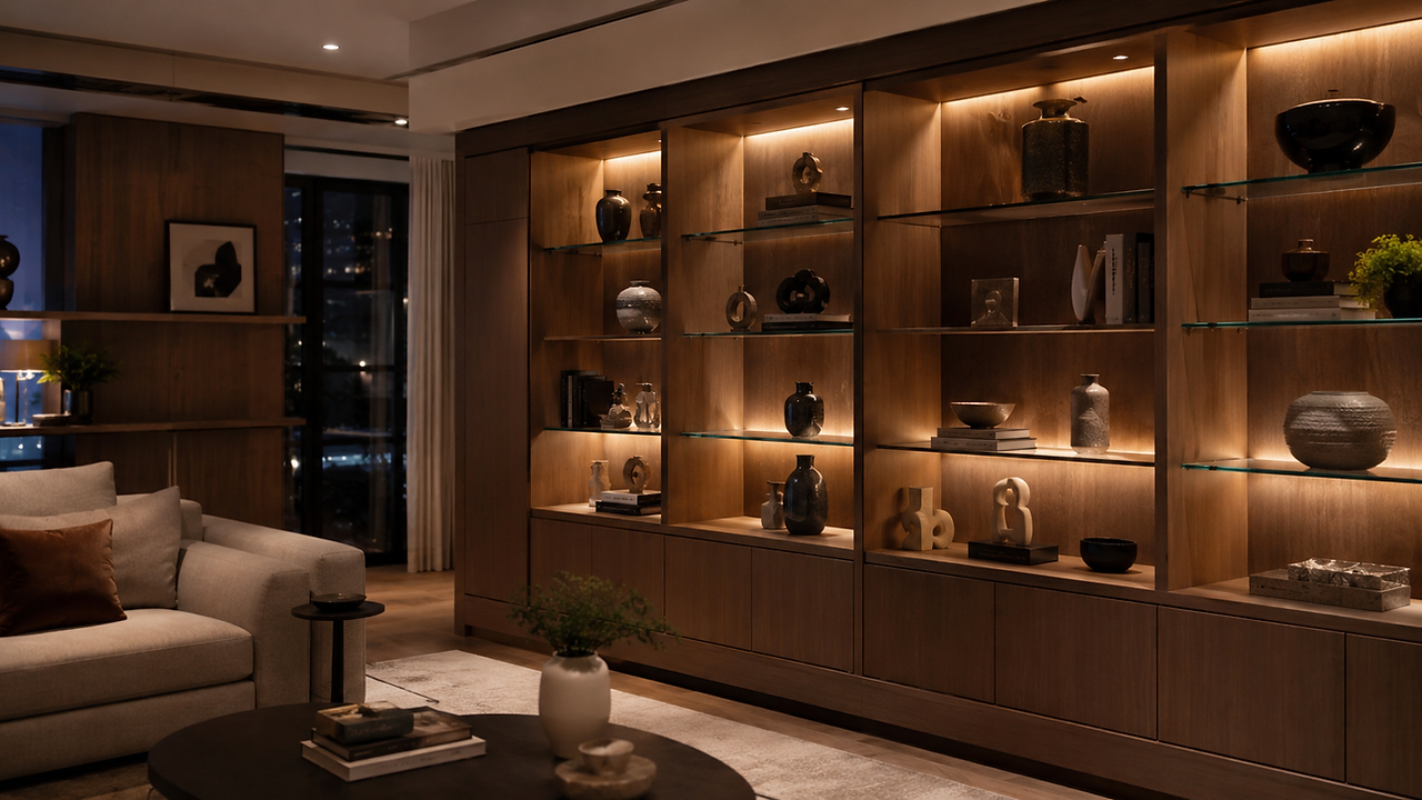 Kabinet display built-in untuk ruang kecil apartment moden