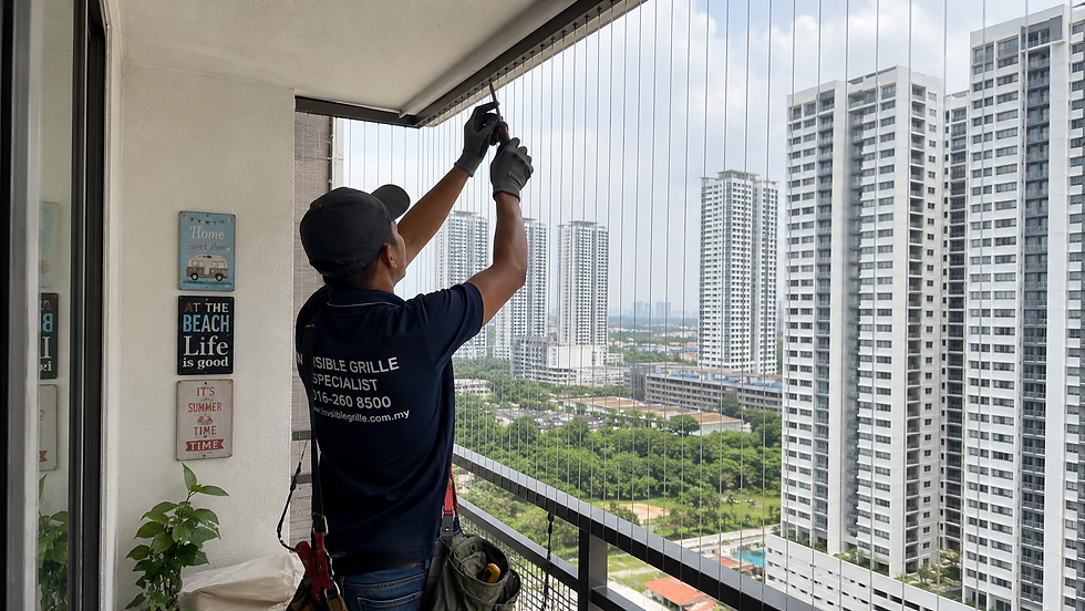 Technician installing invisible grille on condominium balcony in Selangor