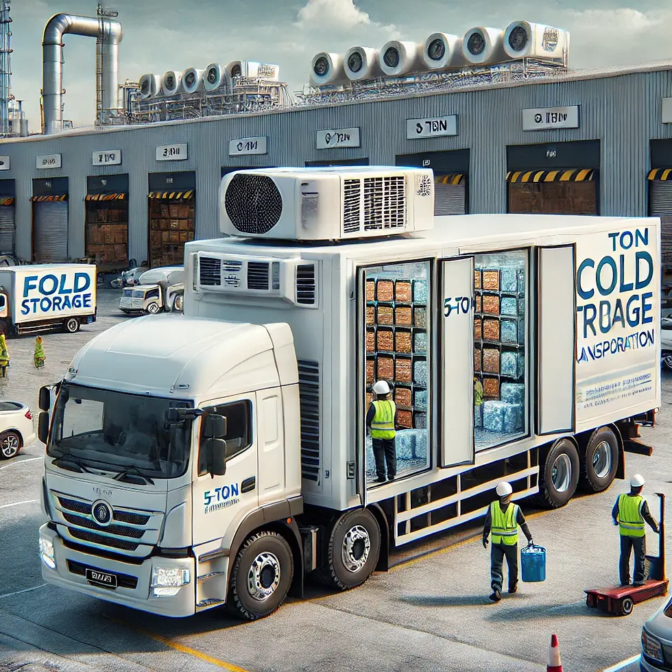White refrigerated truck at a warehouse with three workers in safety vests. Truck reads "5-TON COLD STORAGE TRANSPORTATION." Sky is cloudy.