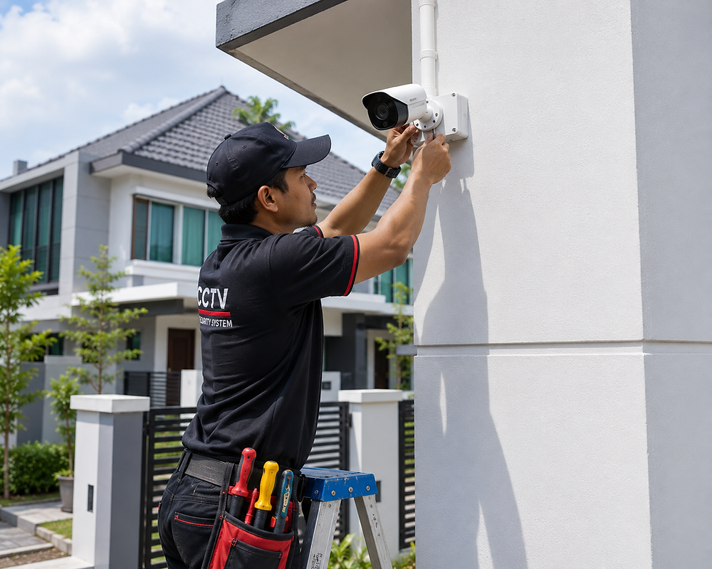 Technician installing a CCTV camera