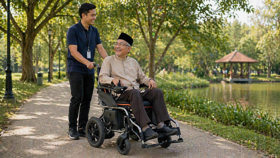 Electric wheelchair charging beside a wall outlet in a bedroom.