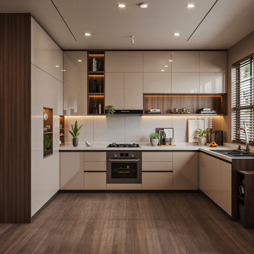 Open-plan kitchen with L-shaped cabinet layout and breakfast bar in Petaling Jaya home