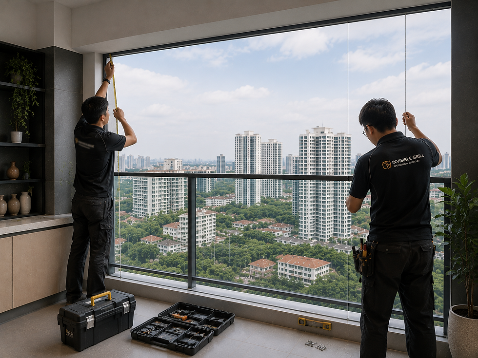 Invisible grill image showing a finished balcony setup in a high rise unit.