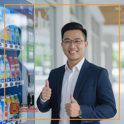 Technician installing vending machine inside office lobby