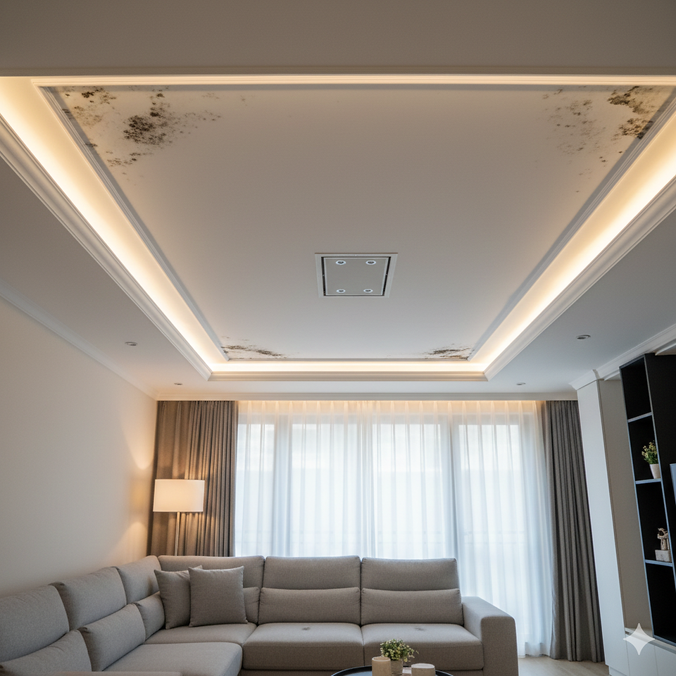 Decorative plaster ceiling molding showing early signs of mold