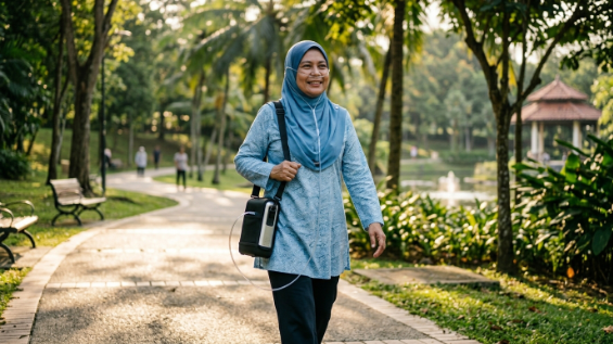 Caire oxygen concentrator dipaparkan dalam ruang produk bantuan pernafasan.