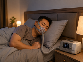 Asian man sleeping comfortably with CPAP machine in modern bedroom