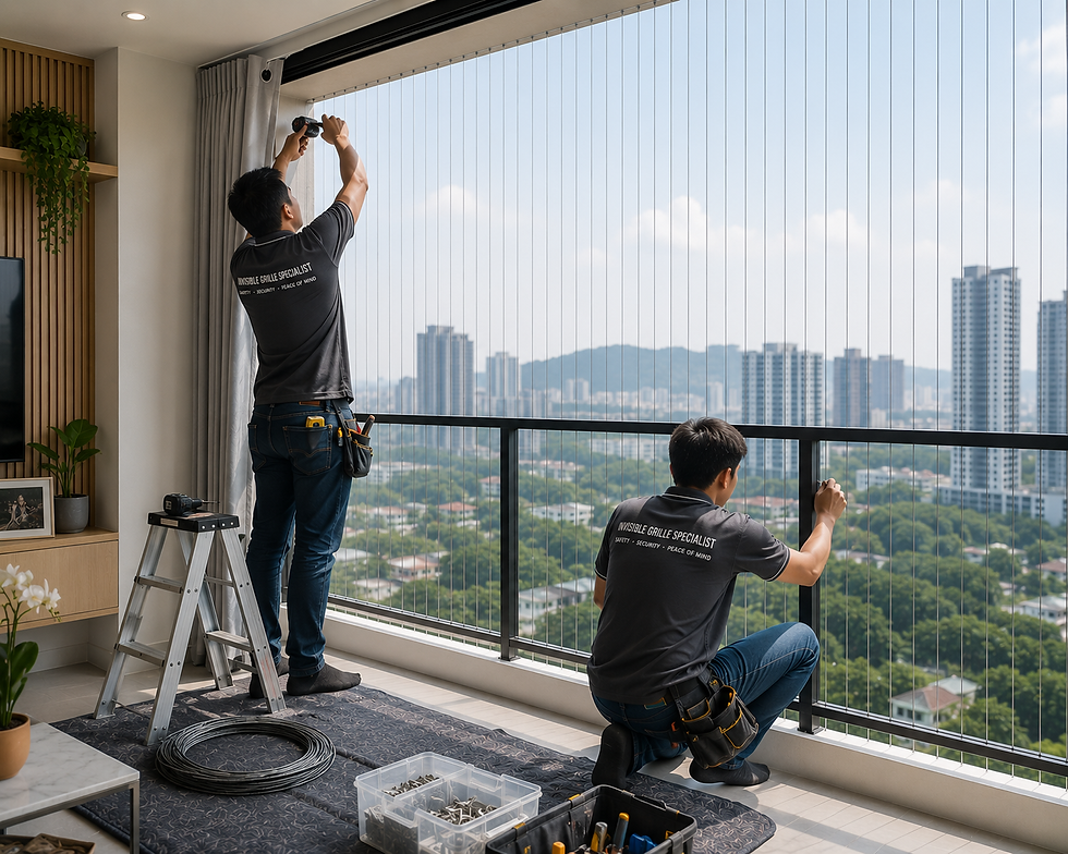 Install invisible grill service shown on a condo balcony before final tensioning.
