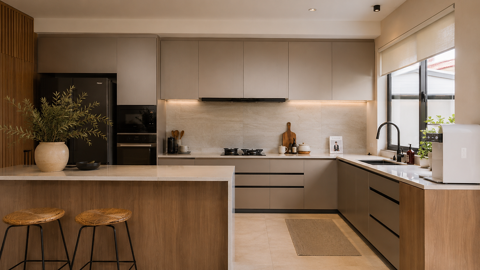 Dapur moden Malaysia dengan kabinet aluminium dan kayu minimalis