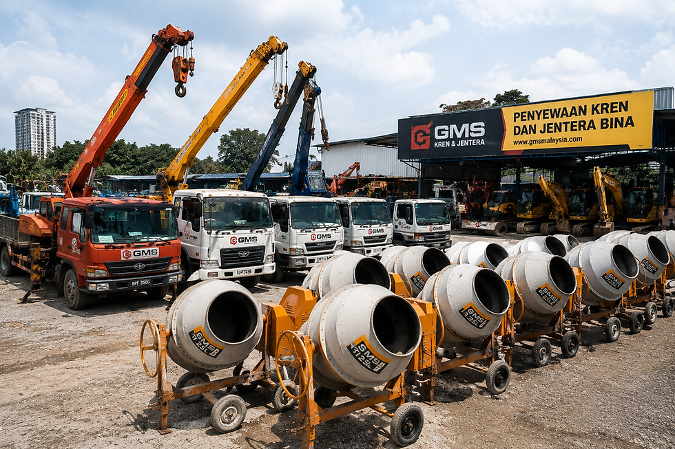 Crane truck lifting cement mixer machine at active construction site