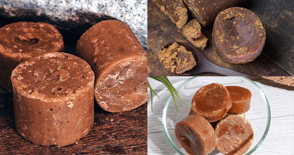 Close-up of gula melaka blocks in different settings: dark wooden surface, rustic spoon, and a clear glass bowl on a white table.