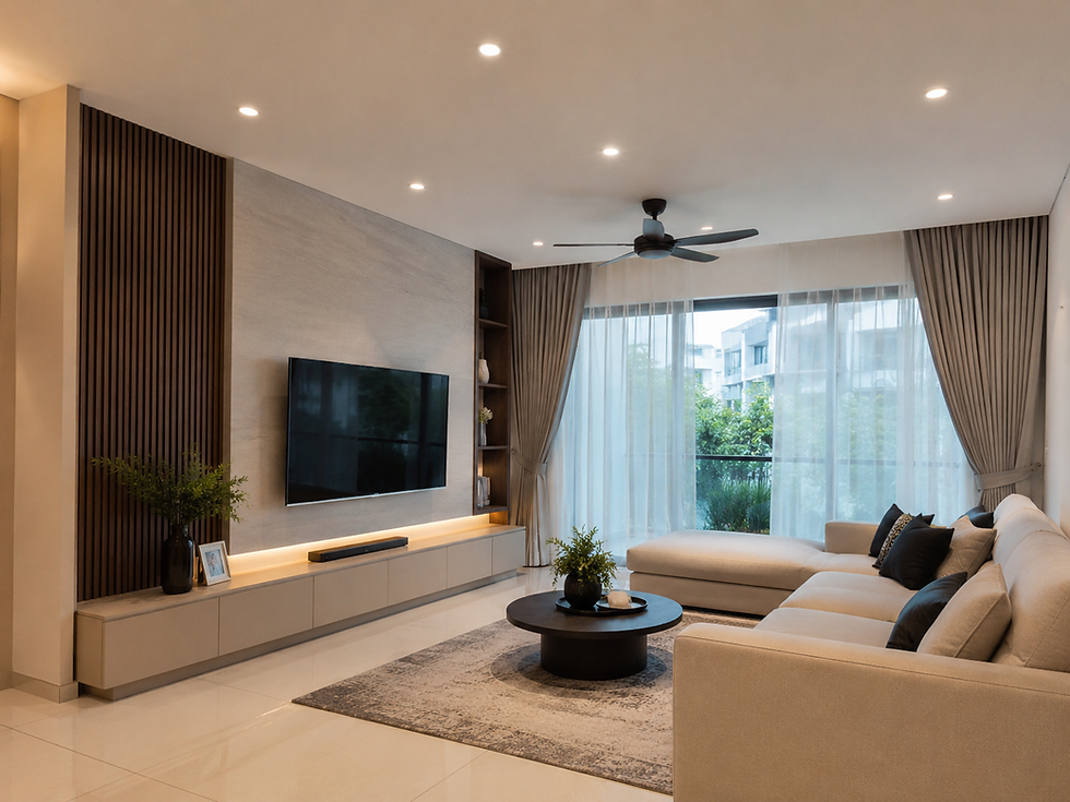 Modern plaster ceiling installed in a living room with neatly arranged downlights in KL